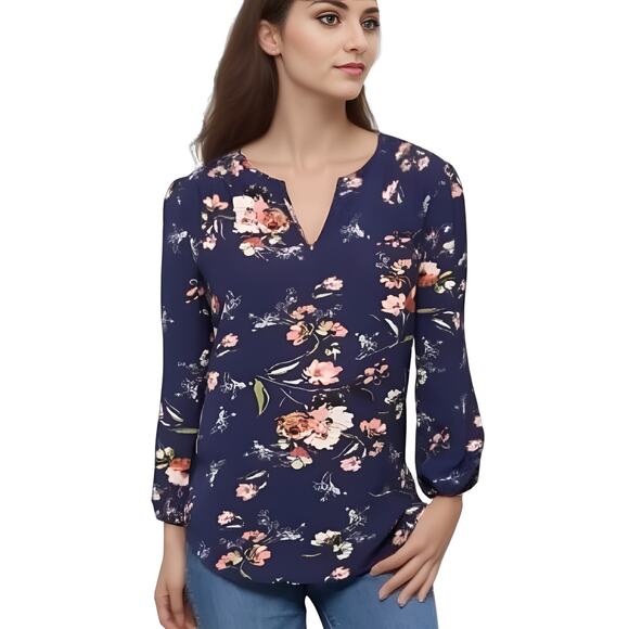 Fun2fun Kenmore Split Neck Floral Blouse in Blue NWOT Size Small - Picture 1 of 9